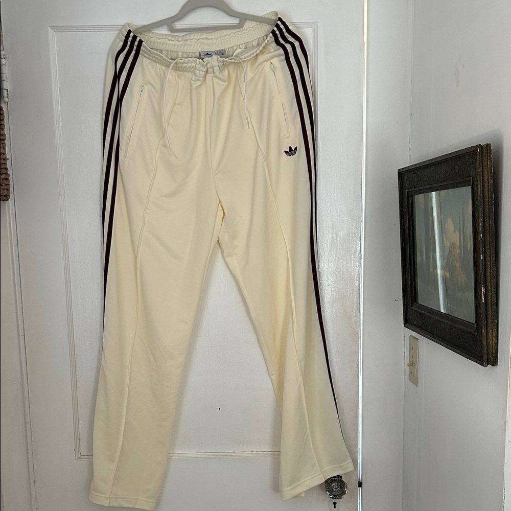 Adidas cream and burgundy striped joggers size XL